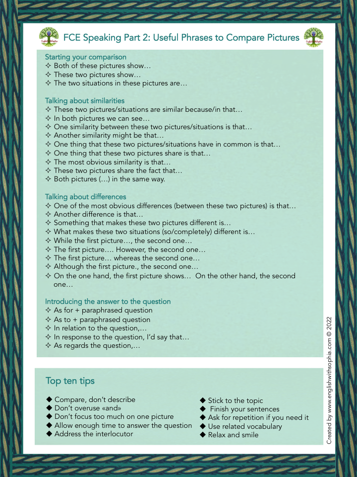 FCE Speaking Part 2:Comparing Pictures Cheat Sheet